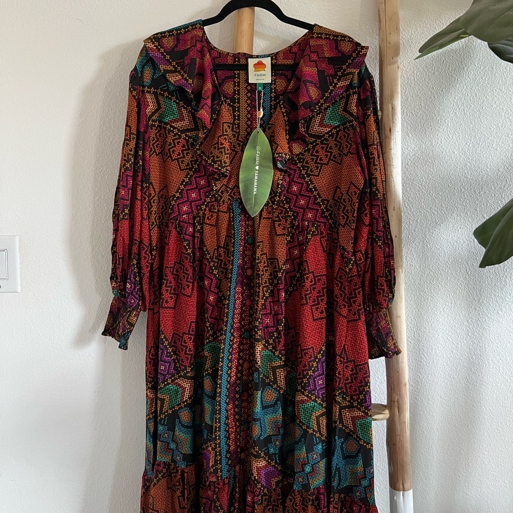 Farm Rio Yawanawa Stripes Midi Maxi Long Sleeve Mutlicolor Printed Dress - Picture 6 of 10